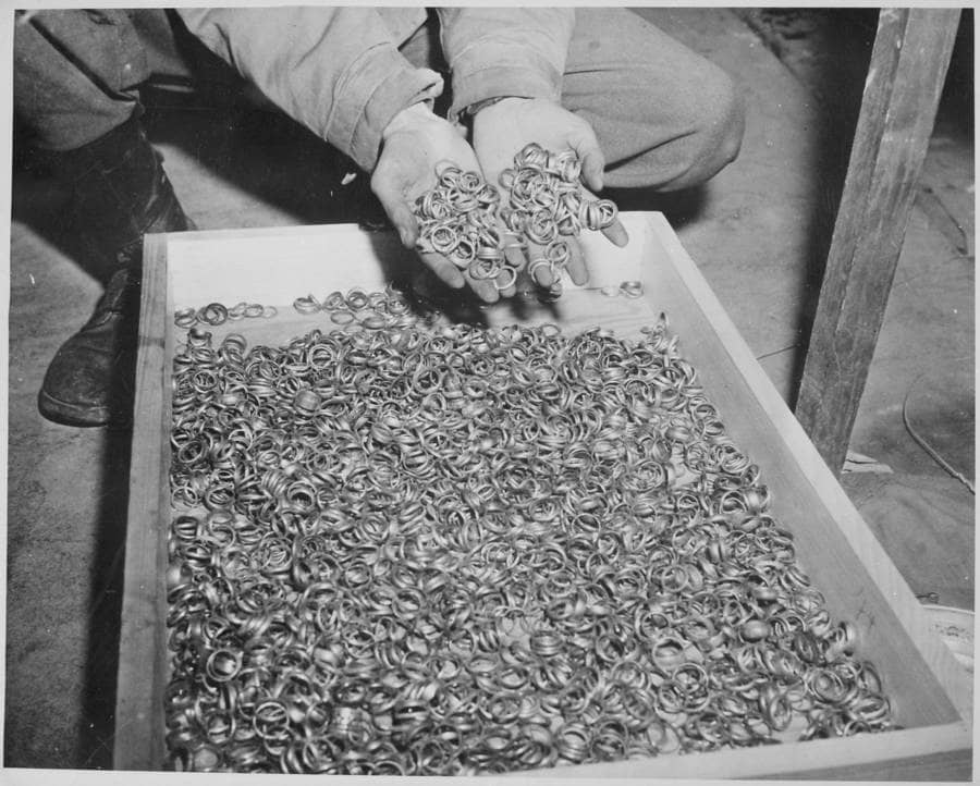 Wedding rings forcibly removed from prisoners and confiscated by the Nazis, May 1945.